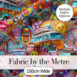 Hippie Van Rainbow Smiley Music Collage Pink Background Seamless Pattern Digital Print Fabric by the Metre UK Sewing Quilting Textile