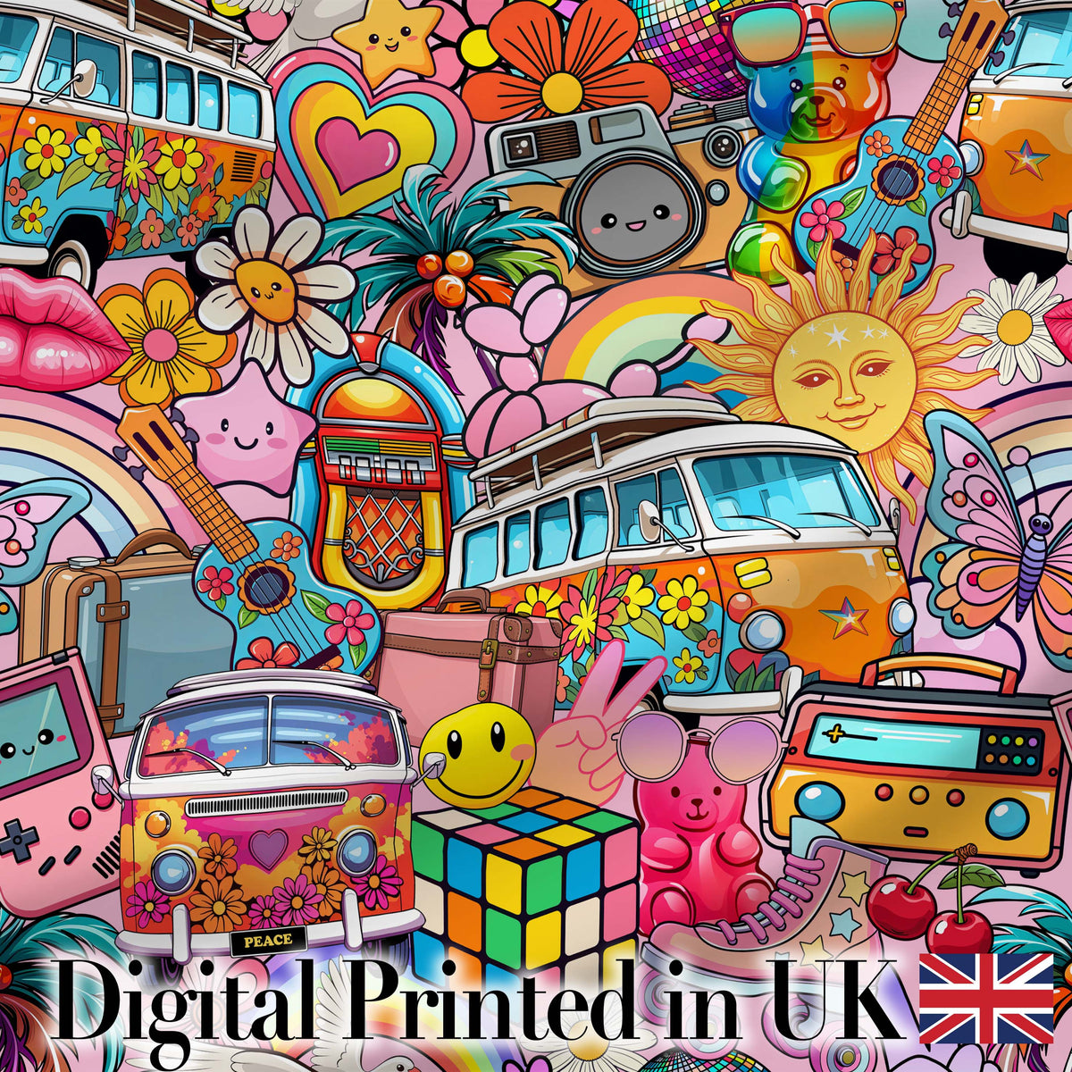 Hippie Van Rainbow Smiley Music Collage Pink Background Seamless Pattern Digital Print Fabric by the Metre UK Sewing Quilting Textile