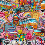 Hippie Van Rainbow Smiley Music Collage Pink Background Seamless Pattern Digital Print Fabric by the Metre UK Sewing Quilting Textile