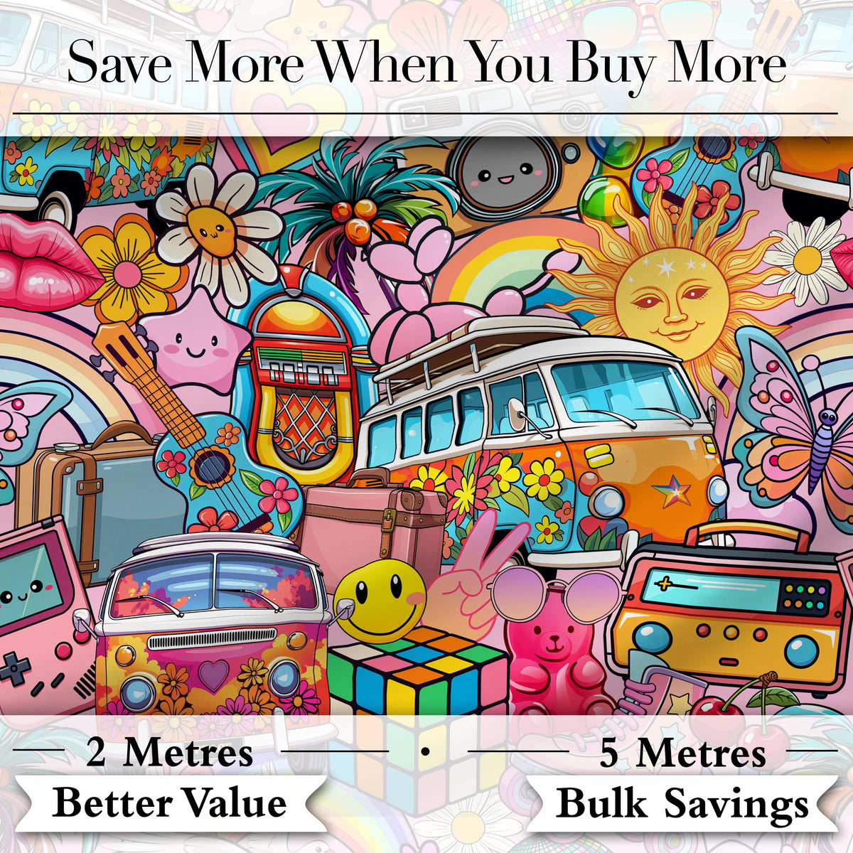Hippie Van Rainbow Smiley Music Collage Pink Background Seamless Pattern Digital Print Fabric by the Metre UK Sewing Quilting Textile