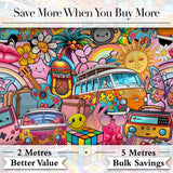 Hippie Van Rainbow Smiley Music Collage Pink Background Seamless Pattern Digital Print Fabric by the Metre UK Sewing Quilting Textile
