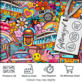 Hippie Van Rainbow Smileys Music Collage Purple Background Seamless Pattern Digital Print Fabric by the Metre UK Sewing Quilting Textile
