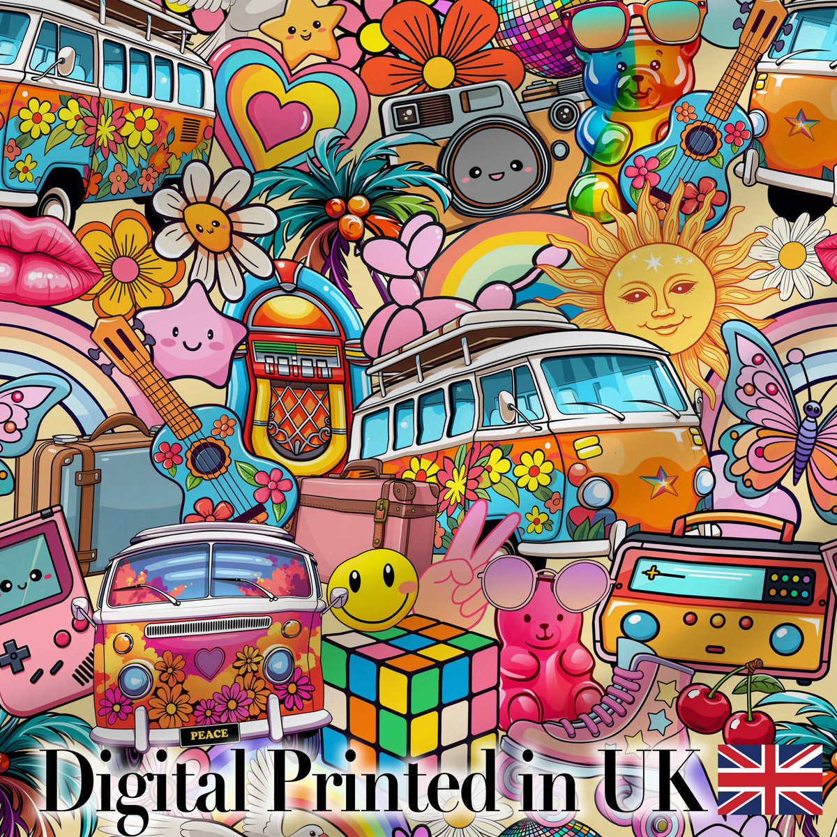 Hippie Rainbow Smileys Music Collage Cream Background Seamless Pattern Digital Print Fabric by the Metre UK Sewing Quilting Textile