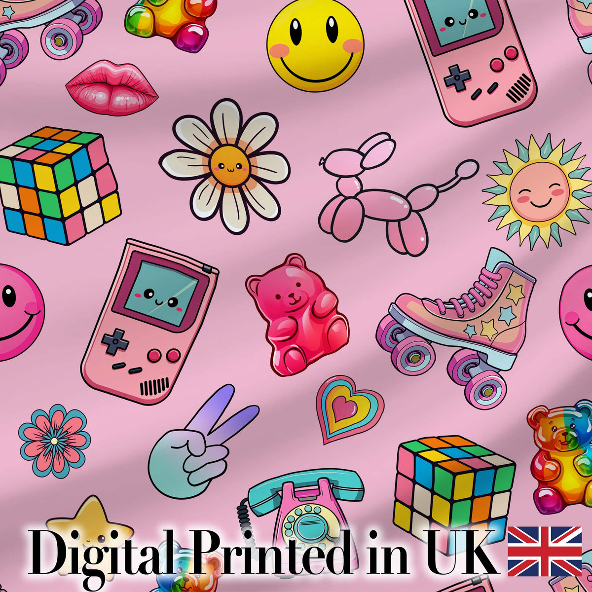Smiley  Roller Skate Game Console Blush Pink Background Seamless Pattern Digital Print Fabric by the Metre UK Sewing Quilting Textile