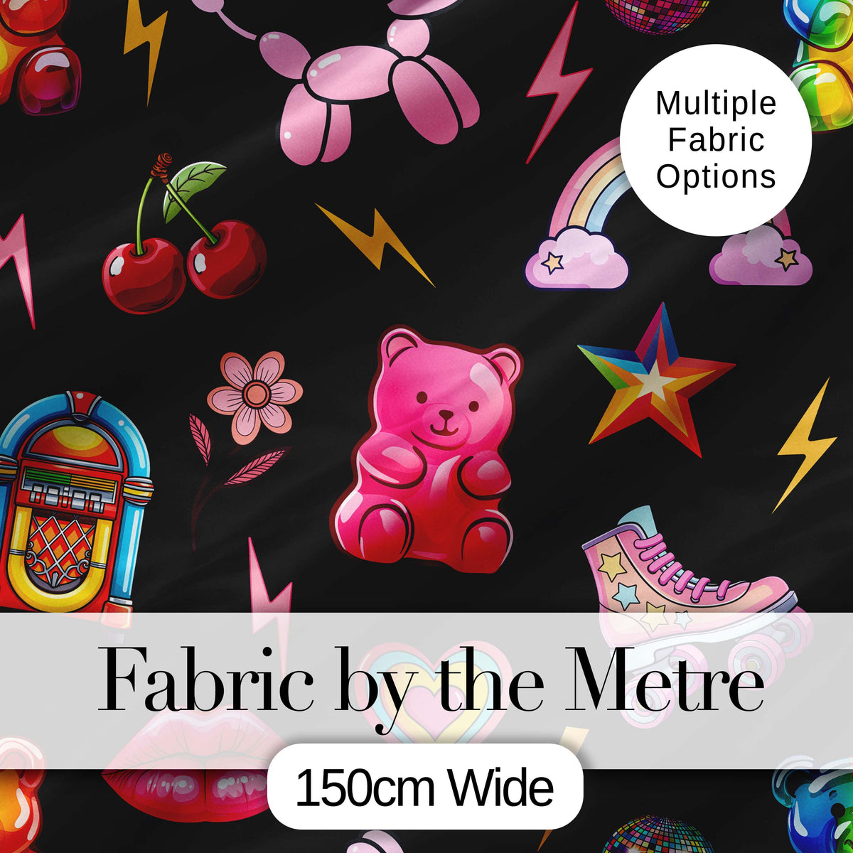 Gummy Bear Rainbow  Roller Skate Deep Black Background Seamless Pattern Digital Print Fabric by the Metre UK Sewing Quilting Textile