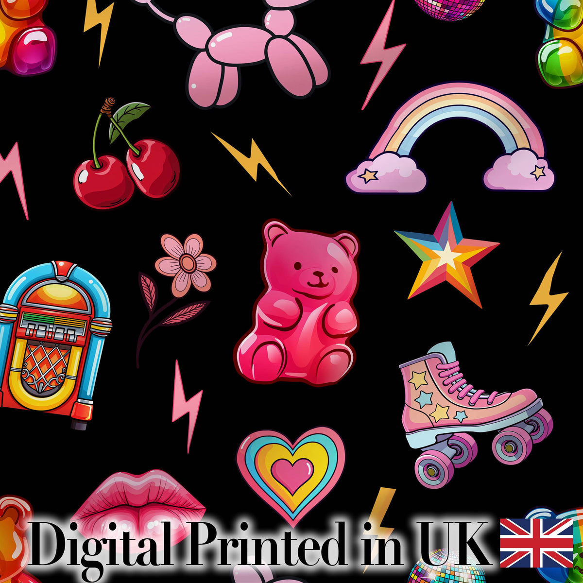 Gummy Bear Rainbow  Roller Skate Deep Black Background Seamless Pattern Digital Print Fabric by the Metre UK Sewing Quilting Textile