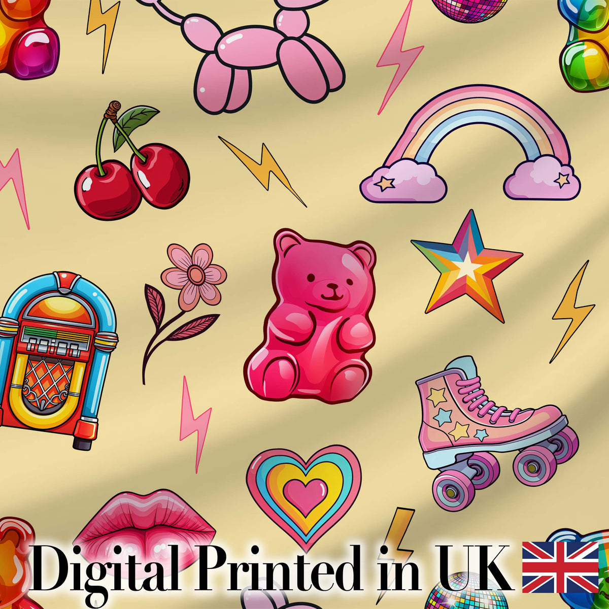 Gummy Bear Rainbow  Roller Skate Yellow Background Seamless Pattern Digital Print Fabric by the Metre UK Sewing Quilting Textile