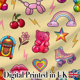 Gummy Bear Rainbow  Roller Skate Yellow Background Seamless Pattern Digital Print Fabric by the Metre UK Sewing Quilting Textile