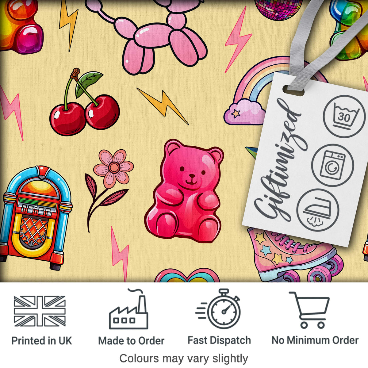Gummy Bear Rainbow  Roller Skate Yellow Background Seamless Pattern Digital Print Fabric by the Metre UK Sewing Quilting Textile