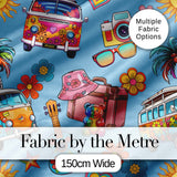 Hippie Van Camera Guitar Floral Travel Blue Background Seamless Pattern Digital Print Fabric by the Metre UK Sewing Quilting Textile