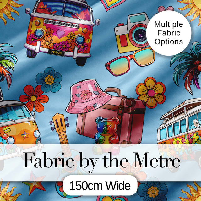 Hippie Van Camera Guitar Floral Travel Blue Background Seamless Pattern Digital Print Fabric by the Metre UK Sewing Quilting Textile