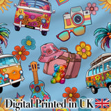 Hippie Van Camera Guitar Floral Travel Blue Background Seamless Pattern Digital Print Fabric by the Metre UK Sewing Quilting Textile