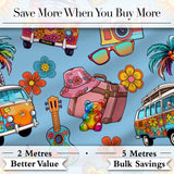 Hippie Van Camera Guitar Floral Travel Blue Background Seamless Pattern Digital Print Fabric by the Metre UK Sewing Quilting Textile