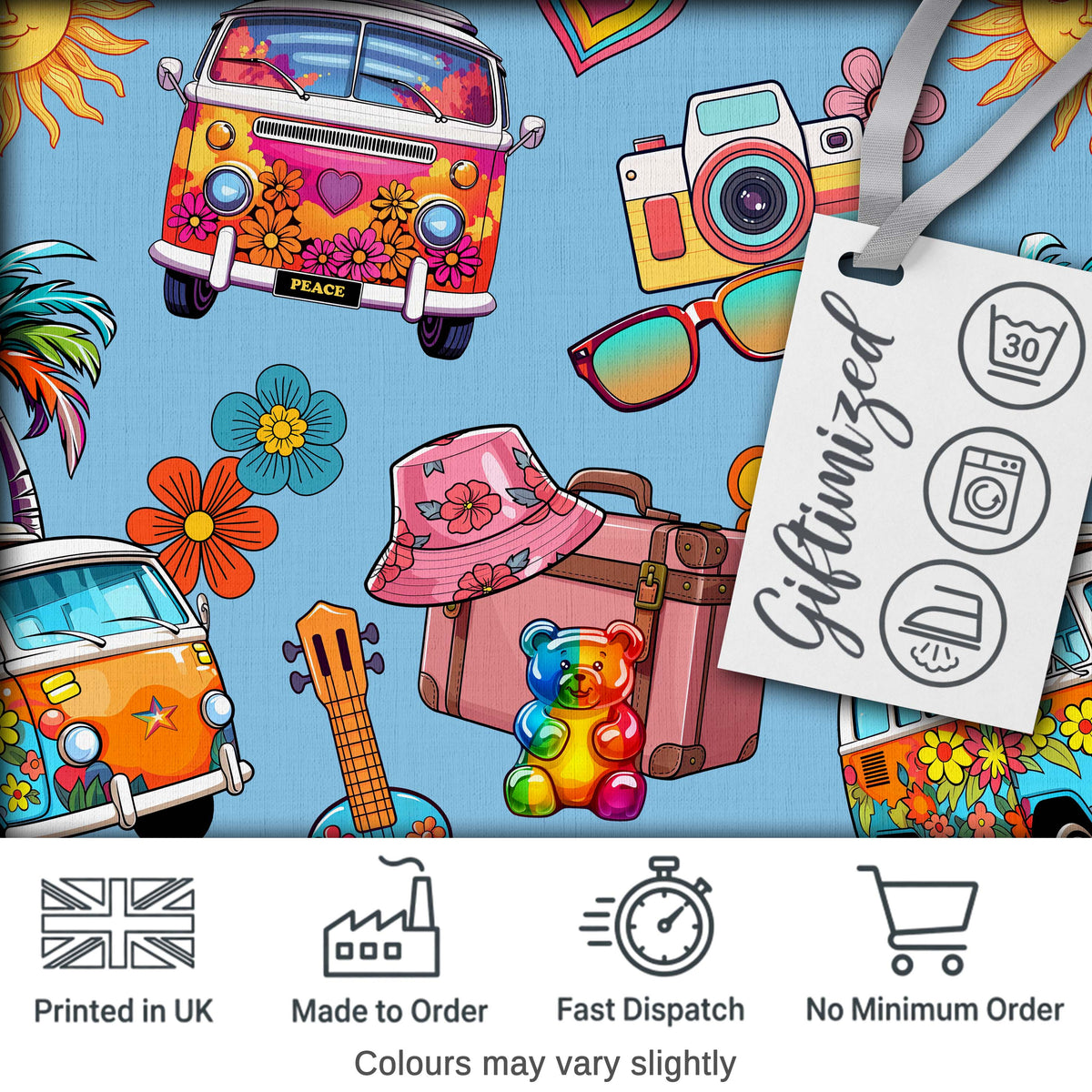 Hippie Van Camera Guitar Floral Travel Blue Background Seamless Pattern Digital Print Fabric by the Metre UK Sewing Quilting Textile