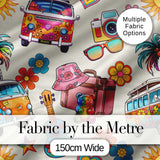 Hippie Van Camera Guitar Floral Travel Cream Background Seamless Pattern Digital Print Fabric by the Metre UK Sewing Quilting Textile