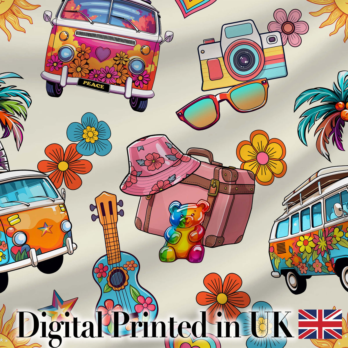 Hippie Van Camera Guitar Floral Travel Cream Background Seamless Pattern Digital Print Fabric by the Metre UK Sewing Quilting Textile