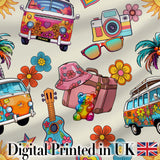 Hippie Van Camera Guitar Floral Travel Cream Background Seamless Pattern Digital Print Fabric by the Metre UK Sewing Quilting Textile