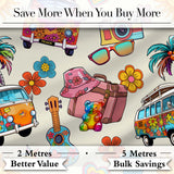Hippie Van Camera Guitar Floral Travel Cream Background Seamless Pattern Digital Print Fabric by the Metre UK Sewing Quilting Textile