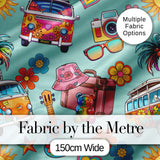 Hippie Van Camera Guitar Floral Travel Teal Background Seamless Pattern Digital Print Fabric by the Metre UK Sewing Quilting Textile