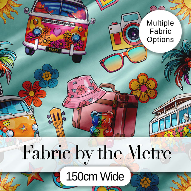 Hippie Van Camera Guitar Floral Travel Teal Background Seamless Pattern Digital Print Fabric by the Metre UK Sewing Quilting Textile