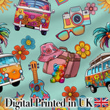 Hippie Van Camera Guitar Floral Travel Teal Background Seamless Pattern Digital Print Fabric by the Metre UK Sewing Quilting Textile