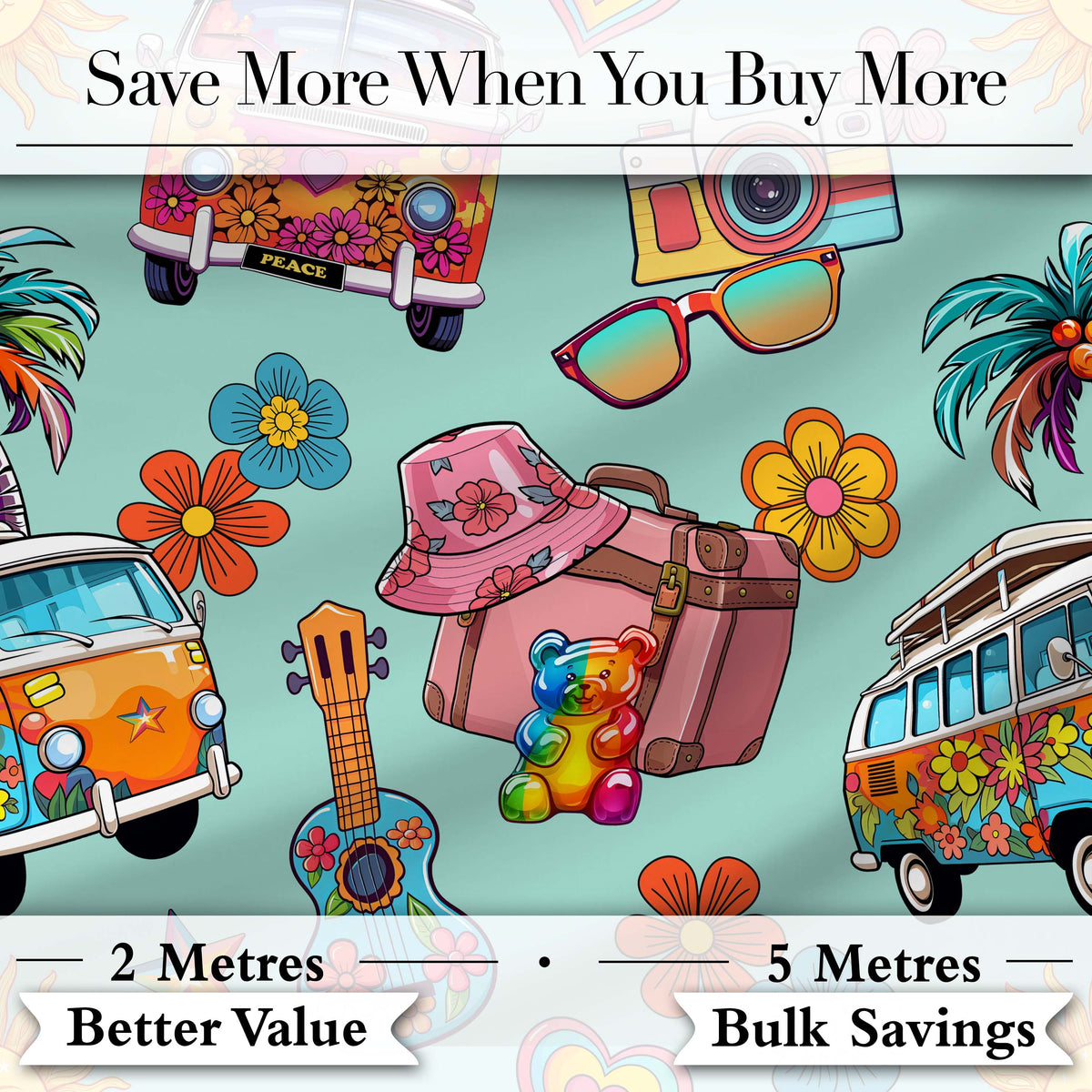Hippie Van Camera Guitar Floral Travel Teal Background Seamless Pattern Digital Print Fabric by the Metre UK Sewing Quilting Textile
