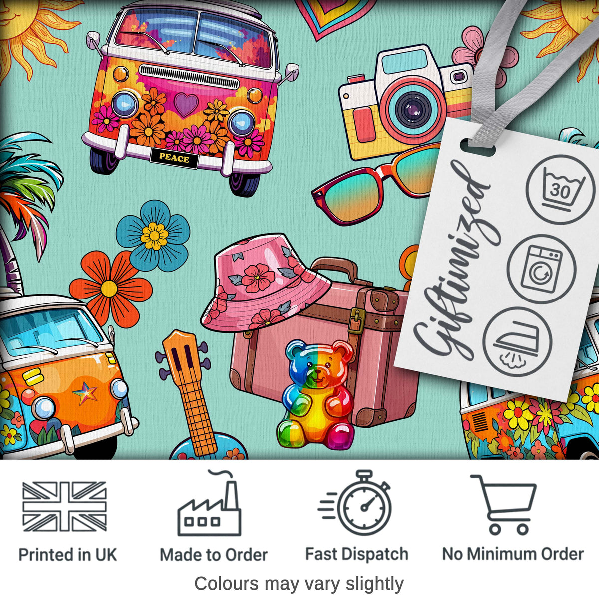 Hippie Van Camera Guitar Floral Travel Teal Background Seamless Pattern Digital Print Fabric by the Metre UK Sewing Quilting Textile