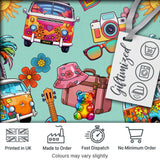 Hippie Van Camera Guitar Floral Travel Teal Background Seamless Pattern Digital Print Fabric by the Metre UK Sewing Quilting Textile
