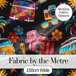 Hippie Van Camera Guitar Floral Travel Dark Background Seamless Pattern Digital Print Fabric by the Metre UK Sewing Quilting Textile