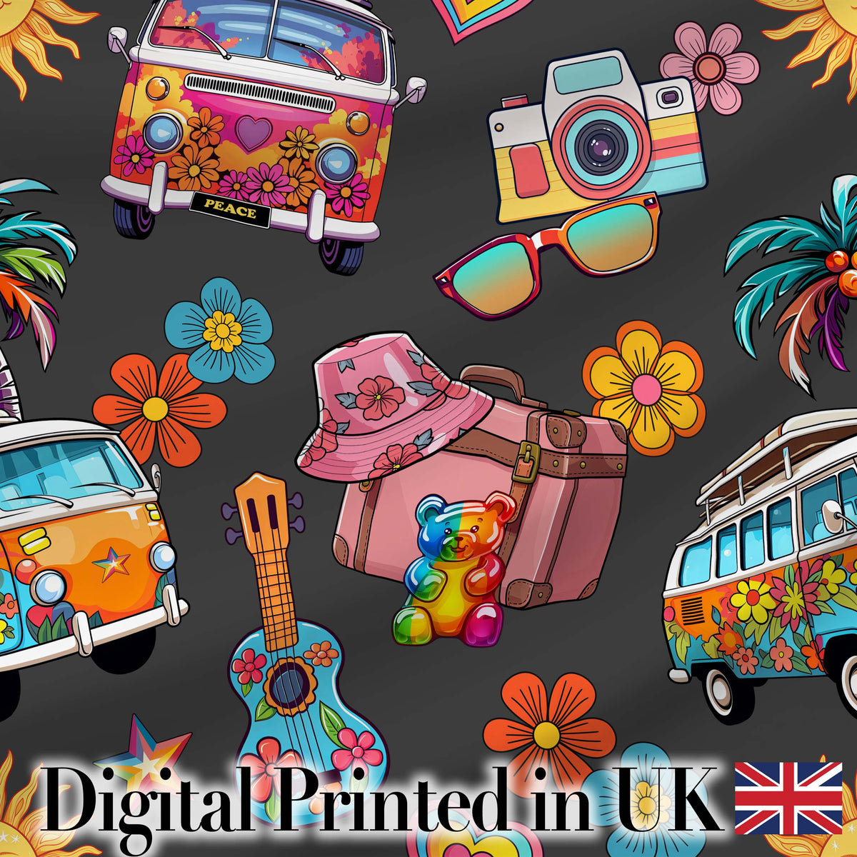 Hippie Van Camera Guitar Floral Travel Dark Background Seamless Pattern Digital Print Fabric by the Metre UK Sewing Quilting Textile