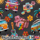 Hippie Van Camera Guitar Floral Travel Dark Background Seamless Pattern Digital Print Fabric by the Metre UK Sewing Quilting Textile