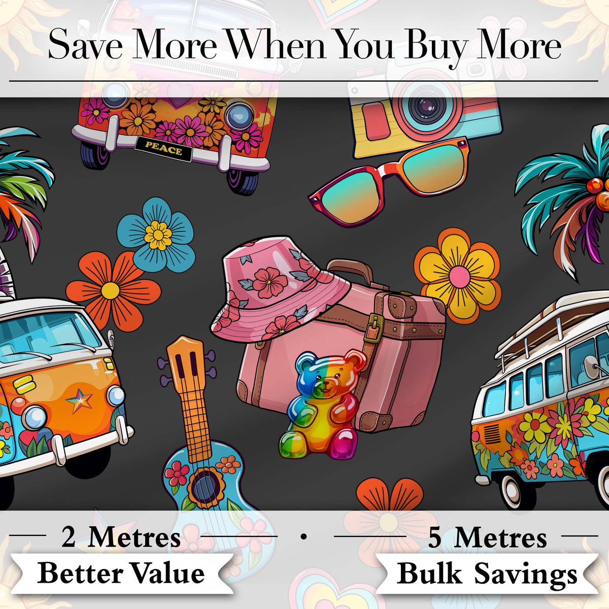 Hippie Van Camera Guitar Floral Travel Dark Background Seamless Pattern Digital Print Fabric by the Metre UK Sewing Quilting Textile