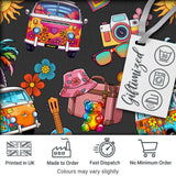 Hippie Van Camera Guitar Floral Travel Dark Background Seamless Pattern Digital Print Fabric by the Metre UK Sewing Quilting Textile