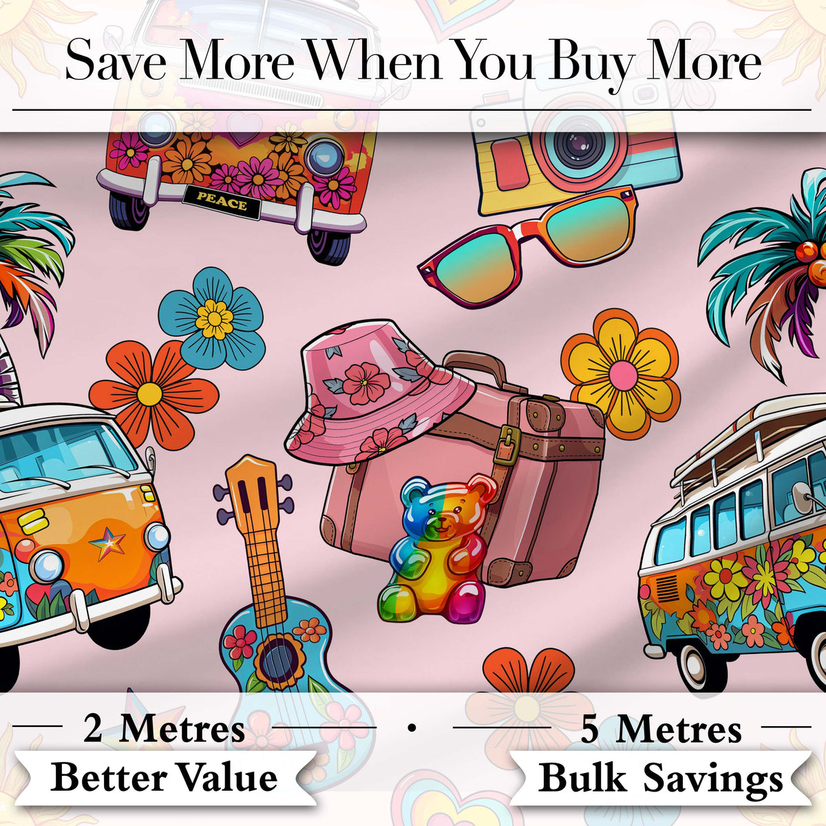 Hippie Van  Guitar Floral Travel Light Pink Background Seamless Pattern Digital Print Fabric by the Metre UK Sewing Quilting Textile