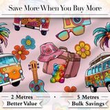 Hippie Van  Guitar Floral Travel Light Pink Background Seamless Pattern Digital Print Fabric by the Metre UK Sewing Quilting Textile