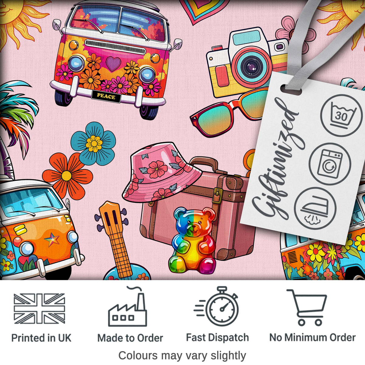 Hippie Van  Guitar Floral Travel Light Pink Background Seamless Pattern Digital Print Fabric by the Metre UK Sewing Quilting Textile