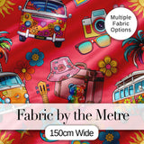 Hippie Van Camera Guitar Floral Travel Red Background Seamless Pattern Digital Print Fabric by the Metre UK Sewing Quilting Textile