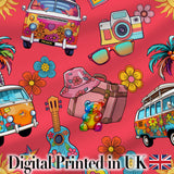 Hippie Van Camera Guitar Floral Travel Red Background Seamless Pattern Digital Print Fabric by the Metre UK Sewing Quilting Textile