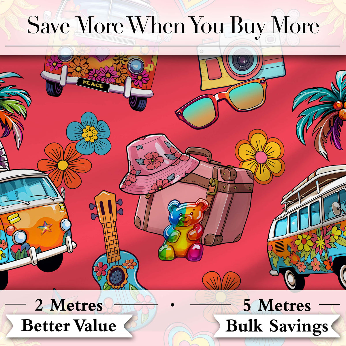 Hippie Van Camera Guitar Floral Travel Red Background Seamless Pattern Digital Print Fabric by the Metre UK Sewing Quilting Textile