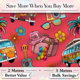 Hippie Van Camera Guitar Floral Travel Red Background Seamless Pattern Digital Print Fabric by the Metre UK Sewing Quilting Textile