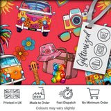 Hippie Van Camera Guitar Floral Travel Red Background Seamless Pattern Digital Print Fabric by the Metre UK Sewing Quilting Textile