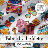 Hippie Van Camera Guitar Floral Travel Grey Background Seamless Pattern Digital Print Fabric by the Metre UK Sewing Quilting Textile