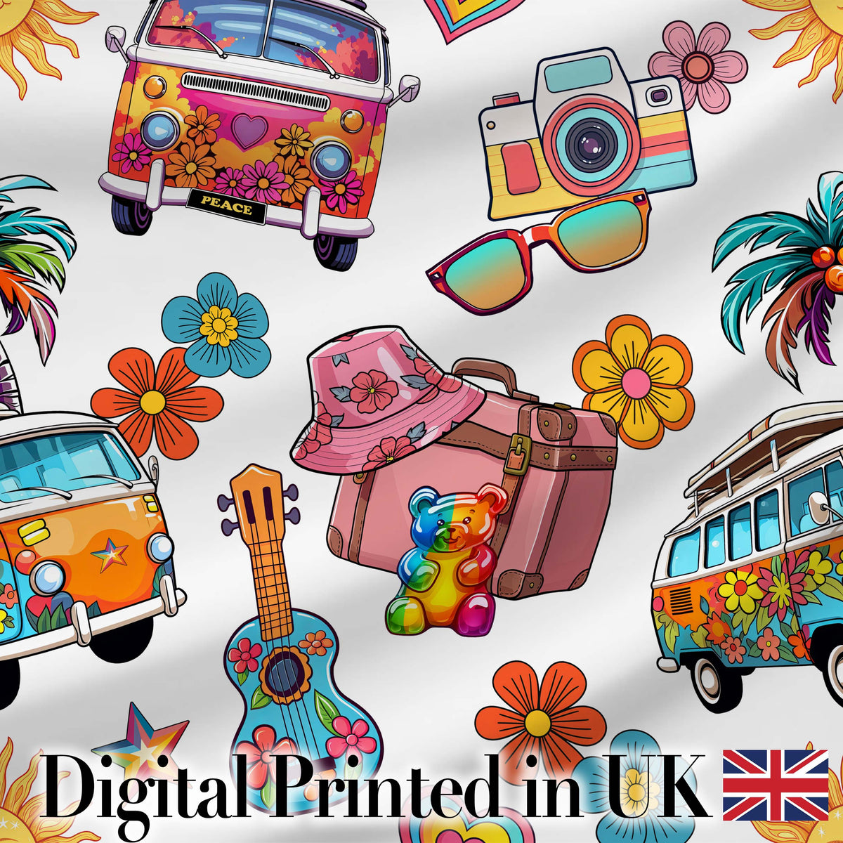 Hippie Van Camera Guitar Floral Travel Grey Background Seamless Pattern Digital Print Fabric by the Metre UK Sewing Quilting Textile