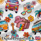 Hippie Van Camera Guitar Floral Travel Grey Background Seamless Pattern Digital Print Fabric by the Metre UK Sewing Quilting Textile