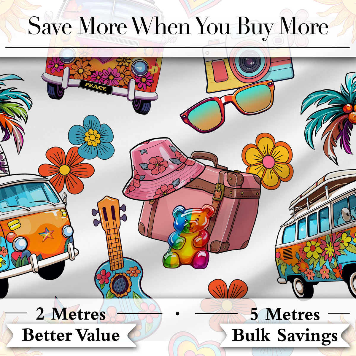 Hippie Van Camera Guitar Floral Travel Grey Background Seamless Pattern Digital Print Fabric by the Metre UK Sewing Quilting Textile