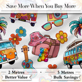 Hippie Van Camera Guitar Floral Travel Grey Background Seamless Pattern Digital Print Fabric by the Metre UK Sewing Quilting Textile