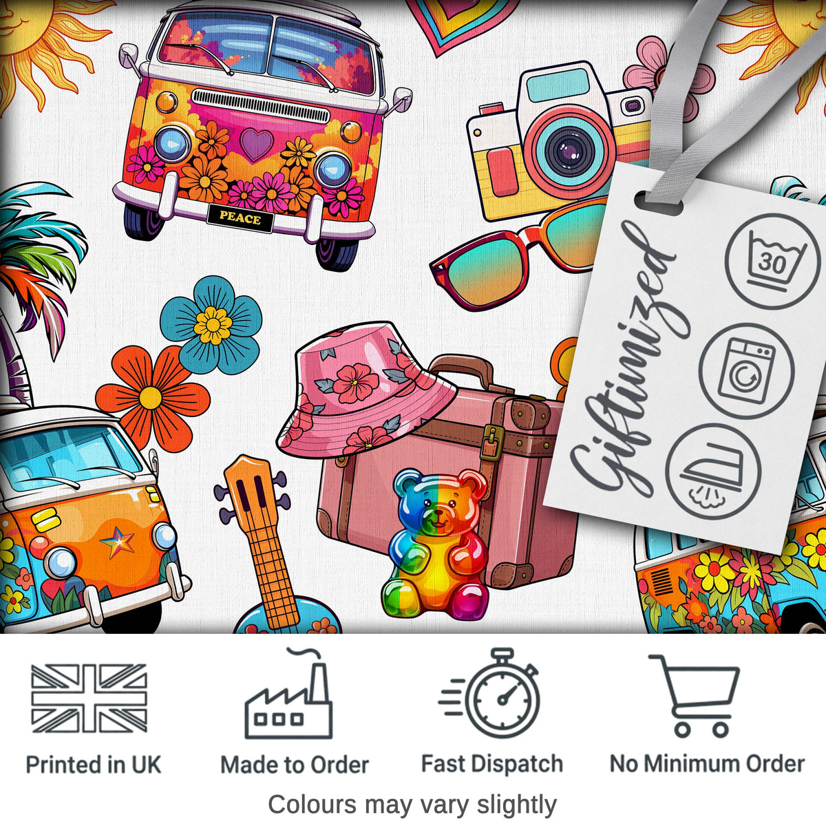 Hippie Van Camera Guitar Floral Travel Grey Background Seamless Pattern Digital Print Fabric by the Metre UK Sewing Quilting Textile