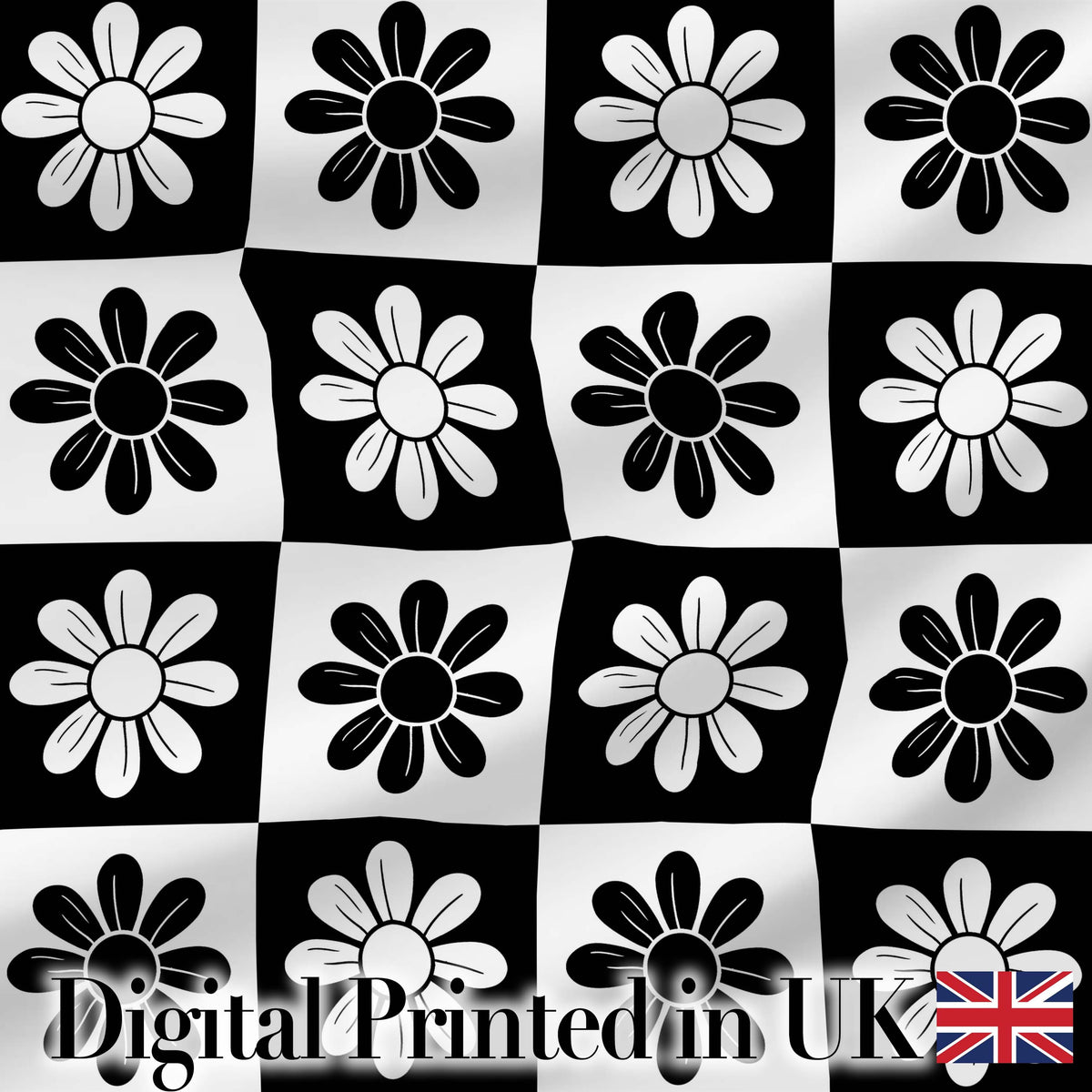 Daisy Flower Checkerboard Black White Seamless Pattern Digital Print Fabric by the Metre UK Sewing Quilting Textile