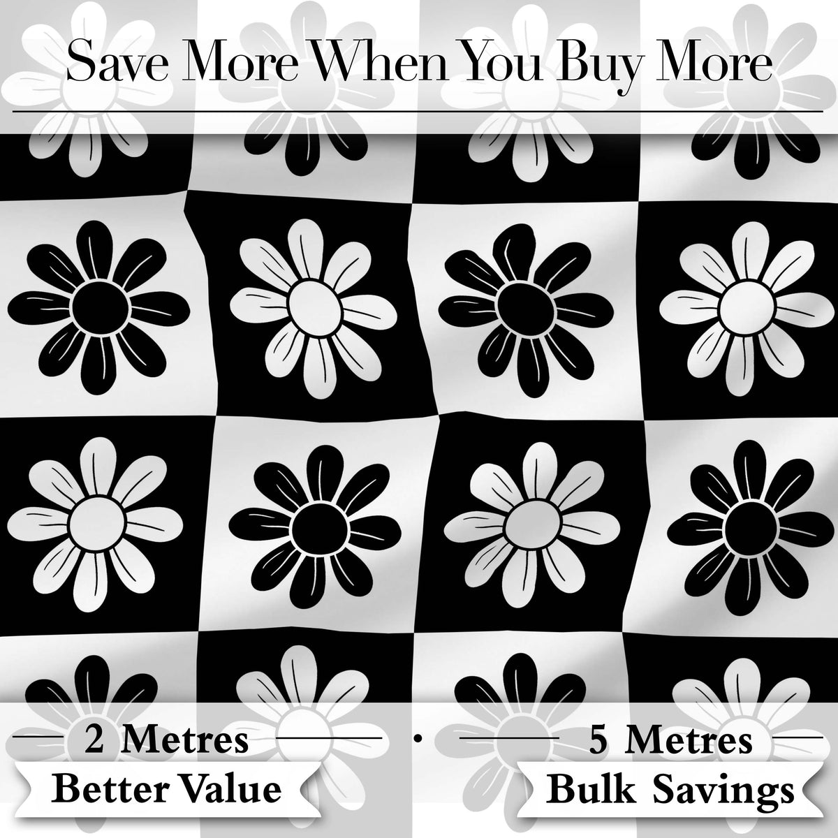 Daisy Flower Checkerboard Black White Seamless Pattern Digital Print Fabric by the Metre UK Sewing Quilting Textile