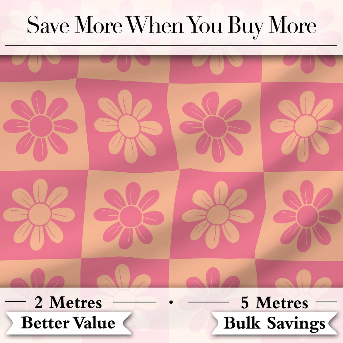 Daisy Flower Checkerboard Pink Peach Seamless Pattern Digital Print Fabric by the Metre UK Sewing Quilting Textile